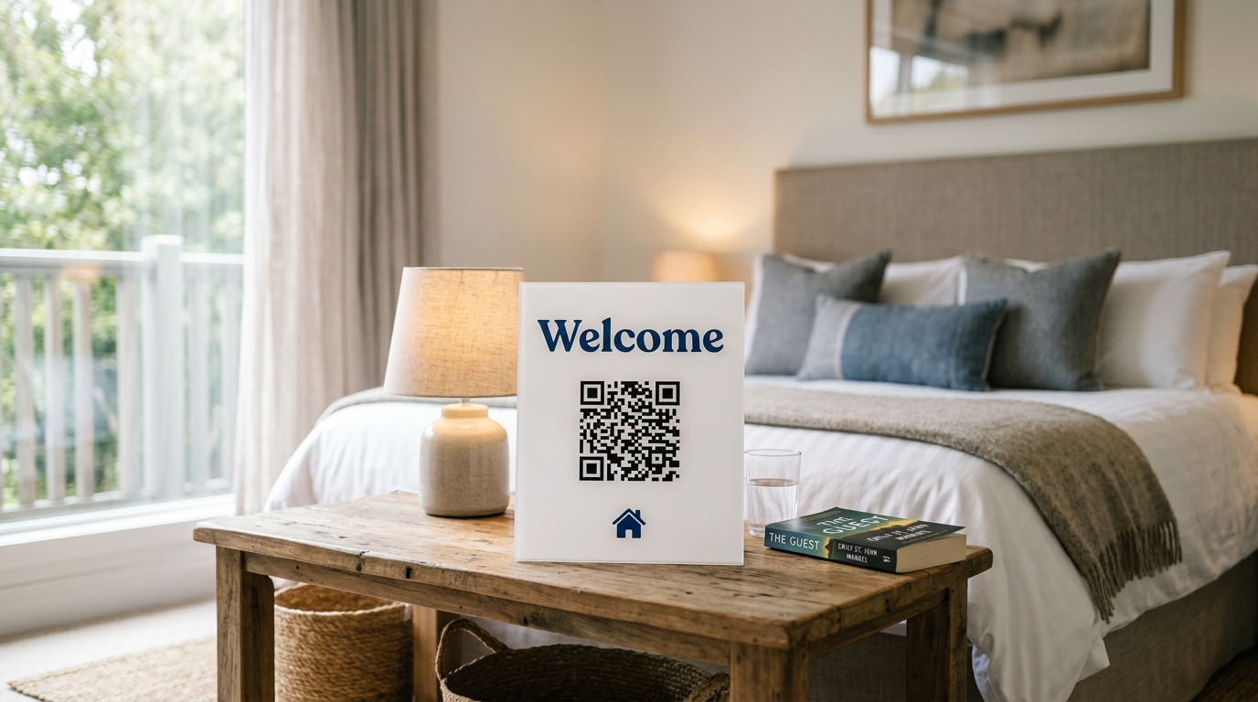 Welcome QR code sign on a bedside table