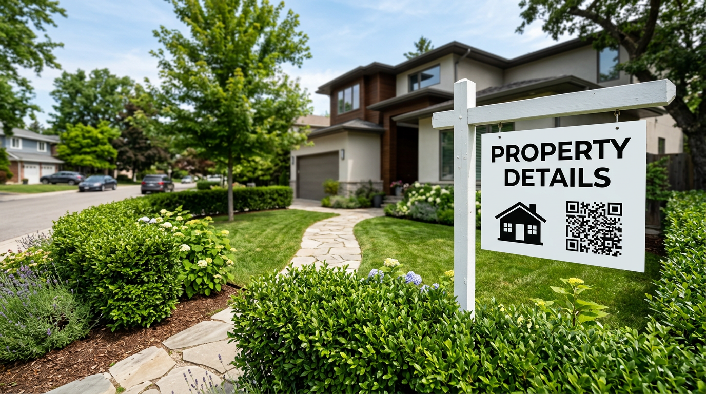 Property details QR code sign in front of a house