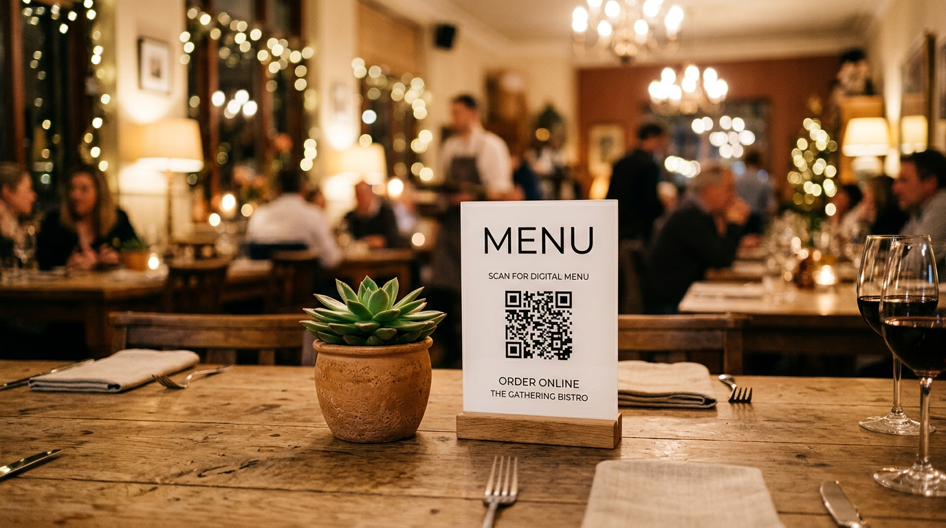 Menu QR code sign on a restaurant table