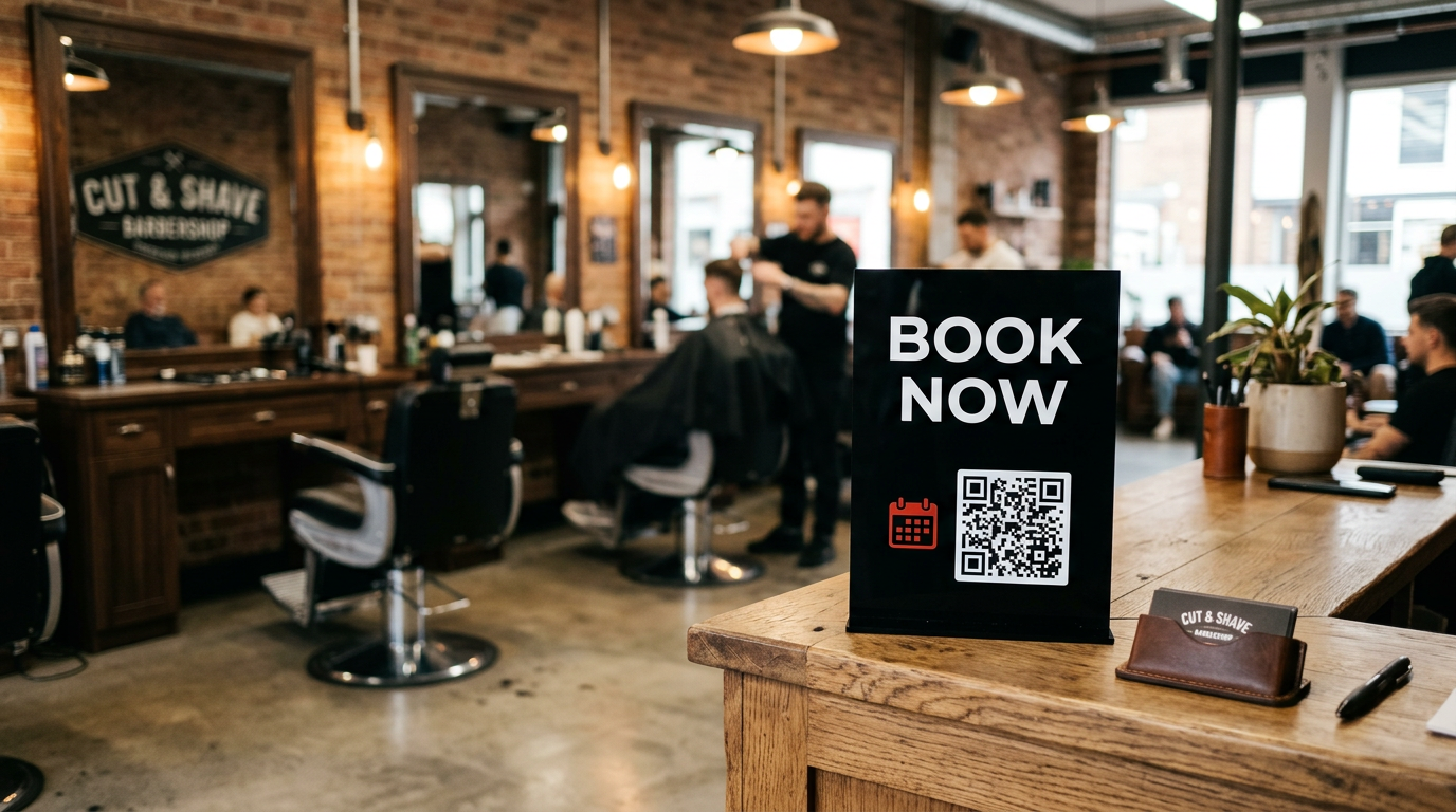 Book now QR code sign on a salon reception desk