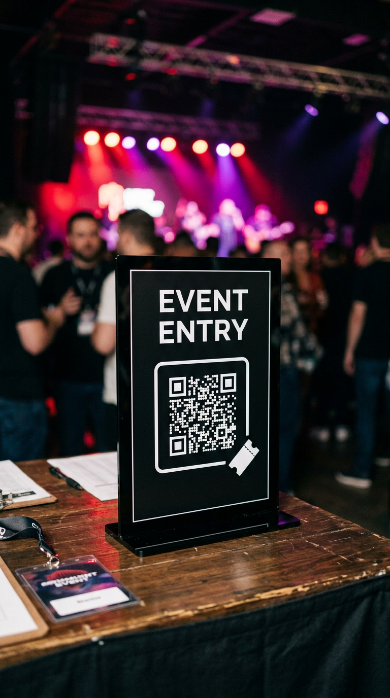 Black event entry sign with a QR code at a venue