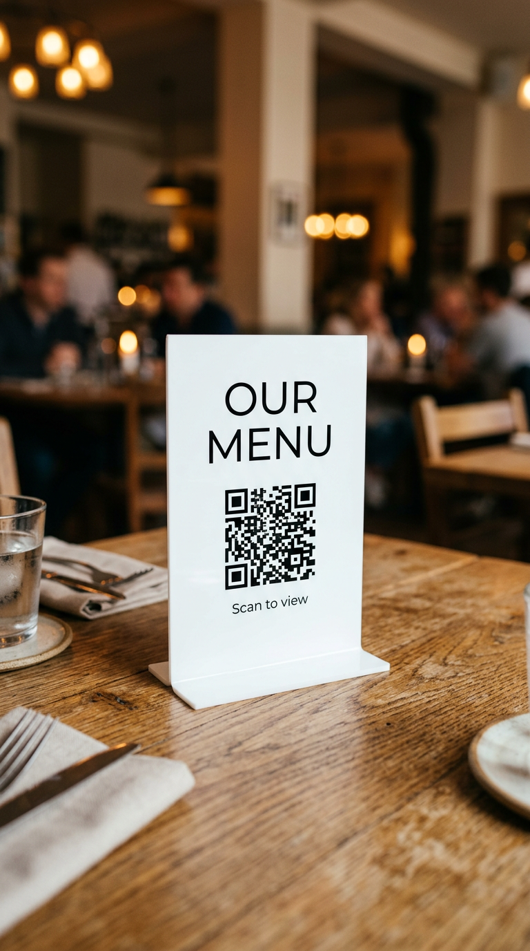 Table tent with an "Our menu" QR code on a restaurant table