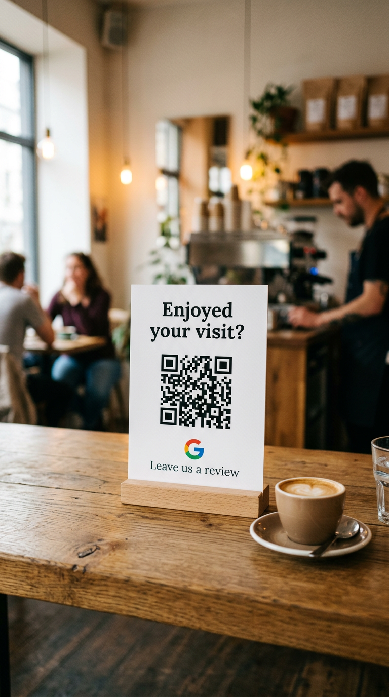 Counter card asking "Enjoyed your visit?" with a review QR code