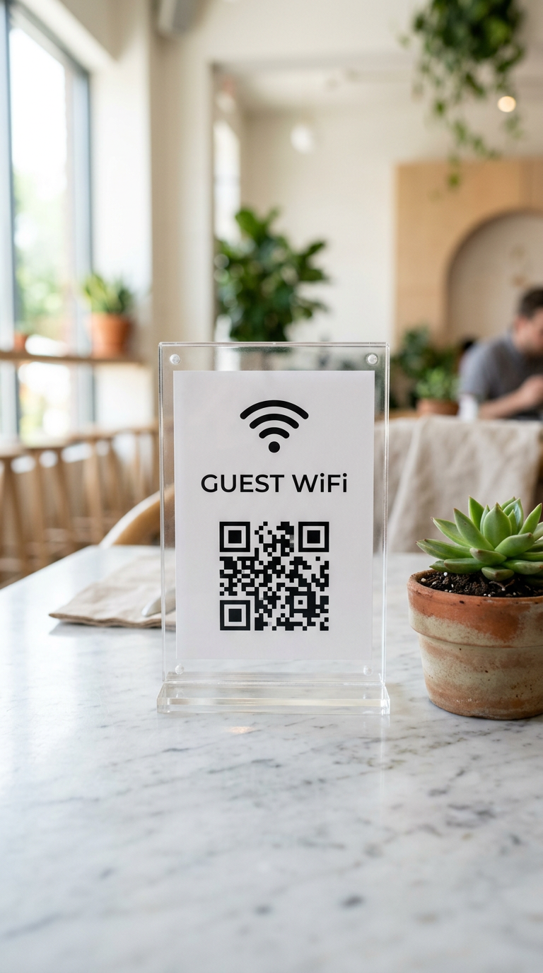 Acrylic stand with a Guest WiFi QR code next to a plant